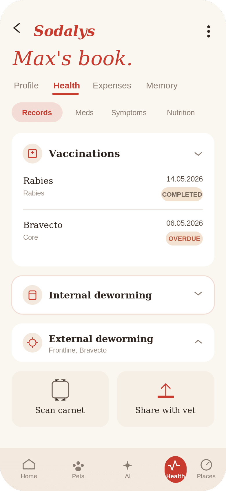Sodalys — ecranul Carnetul de sănătate