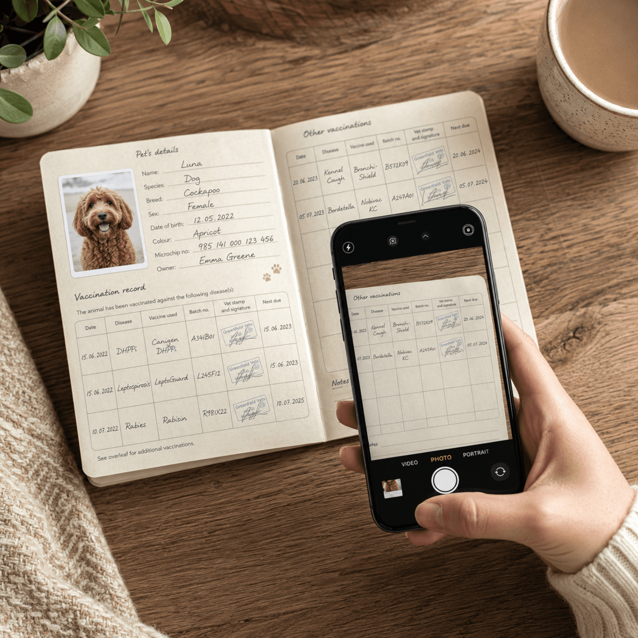 Un carnet de sănătate pe hârtie, scanat cu telefonul